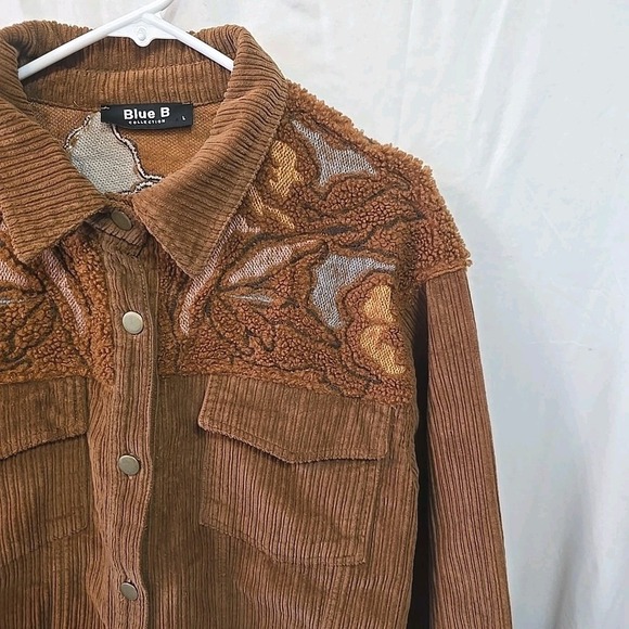 Blue B Women's Shacket Jacket Corduroy W/Sherpa Top Brown Rough Hem Sz L‎ Button - Picture 2 of 16